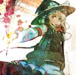  adapted_costume album_cover alternate_costume armband blonde_hair blue_eyes contemporary cover hat headphones highres jacket kirisame_marisa light_smile orange_eyes organ_derwald outstretched_arm resizing_artifacts scarf smile solo stain touhou witch_hat yellow_eyes 