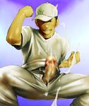  1boy bandaid baseball_cap baseball_uniform clenched_hand cum ejaculation erection fist gradient gradient_background handsfree_ejaculation hat itto_(mentaiko) male male_focus mentaiko penis solo sportswear yaoi 