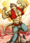 brown_eyes claws cursedmarked fangs feline grin lion looking_at_viewer male muscles necklace presenting solo standing tail tattoo 