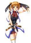  ayato bad_id bad_pixiv_id belt belt_buckle blue_eyes buckle cropped_vest cross_mirage gloves gun hand_on_head highres long_hair lyrical_nanoha magical_girl mahou_shoujo_lyrical_nanoha_strikers open_clothes open_vest orange_hair short_twintails solo teana_lanster thighhighs trigger_discipline twintails vest weapon 