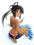  alternate_hairstyle bikini black_hair brown_eyes cutoffs dark_skin denim denim_shorts food highres k-on! long_hair looking_back nagian nakano_azusa pool popsicle shiny shiny_skin shorts sitting solo string_bikini swimsuit tan tanline tongue water 