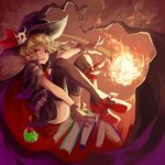  blonde_hair book bow cape fire fireball flask gloves hat highres nanahara_fuyuki original red_eyes round-bottom_flask shoes skull solo thighhighs witch witch_hat 
