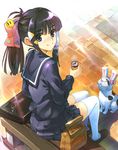  animal_costume bag bench black_hair blue_eyes bunny_costume can cat highres hirokiku loafers looking_back original ponytail school_uniform serafuku shoes sitting solo thighhighs white_legwear 