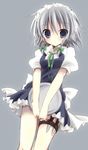  apron bad_id bad_pixiv_id blue_eyes blush braid izayoi_sakuya knife kokonidarekairu maid maid_headdress short_hair silver_hair solo touhou tray twin_braids 