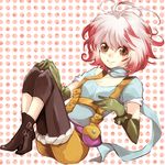  ahoge bad_id bad_pixiv_id blue_shirt brown_eyes full_body gloves multicolored_hair pants pants_under_shorts pascal red_hair scarf shirt shoes short_hair shorts shuu_(shu-nm) sitting smile solo tales_of_(series) tales_of_graces white_hair 