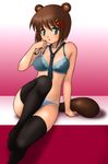  animal_ears bra brown_hair food food_on_face fork green_eyes hair_ornament kemonomimi_mode lingerie lyrical_nanoha mahou_shoujo_lyrical_nanoha_strikers necktie panties raccoon_ears raccoon_tail shinanoya_(satanicad) short_hair solo spork tail thighhighs underwear underwear_only x_hair_ornament yagami_hayate 