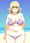  beach bikini blonde_hair chubby curvy elf enoshima_iki izakaya_yocchan plump pointy_ears sweat swimsuit 