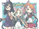  3girls :d animal_ears anjou_naruko ano_hi_mita_hana_no_namae_wo_bokutachi_wa_mada_shiranai. belt black_hair blue_eyes bow brown_eyes brown_hair cat_ears cat_tail chibi dress ghostbusters glasses green_eyes grey_hair grin honma_meiko kemonomimi_mode long_hair multiple_girls necktie open_mouth orange_hair parody proton_pack ribbon salute school_uniform silver_hair skirt smile symbol-shaped_pupils tail tsurumi_chiriko twintails ueshita v-shaped_eyebrows white_dress 