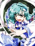  detached_sleeves fighting_stance frog gohei green_hair hair_ornament kochiya_sanae long_hair open_mouth solo takana_shinno touhou yellow_eyes 