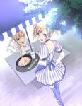  1girl bad_id bad_pixiv_id blonde_hair blue_legwear brother_and_sister chopsticks food formal from_above hair_ornament hairclip hand_on_hip highres kagamine_len kagamine_rin looking_at_viewer looking_back perspective sama short_hair shrimp shrimp_tempura siblings sitting smile striped tempura thighhighs tray twins twintails vocaloid waitress zettai_ryouiki 