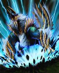  blue blue_eyes brown claws dragon electricity fang fangs fur green ground highres horns lightning mane monster monster_hunter monster_hunter_portable_3rd muscle no_humans open_mouth roaring scales solo teeth white_hair yellow youichi zinogre 