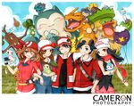  &gt;_&lt; 3girls aipom alternate_costume artist_self-insert backwards_hat bag bandana baseball_cap black_hair blue_eyes blue_hair blush_stickers brown_eyes brown_hair budew charizard chikorita chimecho chinchou closed_eyes cloud day denim dragon drifloon forced_smile gen_1_pokemon gen_2_pokemon gen_3_pokemon gen_4_pokemon gloves gold_(pokemon) grass hand_on_hip haruka_(pokemon) hat heart hikari_(pokemon) jeans joanna_(mojo!) kamuri_(pokemon) kotone_(pokemon) legendary_pokemon long_hair ludicolo mew misdreavus multiple_boys multiple_girls one_eye_closed open_mouth pants pikachu piplup pokemon pokemon_(creature) pokemon_(game) pokemon_dppt pokemon_hgss pokemon_rgby pokemon_rse poketch red_(pokemon) red_(pokemon_rgby) rotom scarf signature skirt sky smile snorlax sudowoodo surskit torchic traditional_media twintails watch watermark wristwatch 