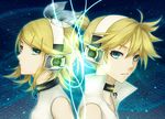  1girl back-to-back bad_id bad_pixiv_id blonde_hair brother_and_sister choker face headphones kagamine_len kagamine_len_(append) kagamine_rin kagamine_rin_(append) matsunaka_hiro short_hair siblings smile twins vocaloid vocaloid_append 