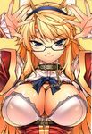  absurdres animal_ears arms_up bandaid bandaid_on_forehead between_breasts breasts bruise chain cleavage cleavage_cutout collar cross_make freezing glasses hairband highres injury kemonomimi_mode large_breasts leash long_hair long_sleeves open_clothes pose print_bandaid satellizer_el_bridget semi-rimless_eyewear smile solo soo-hyon_lee tsurime under-rim_eyewear upper_body 