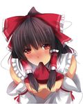  blush bow breasts breasts_outside brown_hair daiaru detached_sleeves face hair_bow hakurei_reimu medium_breasts mouth_hold nipple_piercing nipples piercing red_eyes saliva solo touhou 