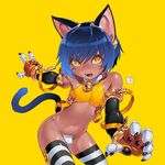  animal_ears bell bell_collar blue_hair bulge cat_ears cat_tail catboy collar dark_skin dark_skinned_male fangs gloves male_focus no_pants open_mouth original otoko_no_ko panties po-ju signature simple_background slit_pupils solo striped striped_legwear tail thighhighs underwear yellow_eyes 
