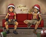  2boys black_eyes black_hair blonde_hair boots bow box christmas christmas_lights couch ebitendon gift gift_box hat lights male male_focus merry_christmas multiple_boys muscle open_clothes open_shirt present red_upholstery santa_hat scar shirt shorts sitting skin_tight sleeveless spread_legs torakichi_(ebitendon) 