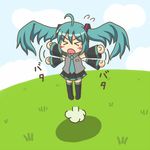  &gt;_&lt; afterimage ahoge aqua_hair arms_up blush_stickers chibi closed_eyes cloud day flapping flying grass hair_wings hatsune_miku long_hair open_mouth outstretched_arms sky solo spread_arms thighhighs twintails vocaloid yunkaasu_(kakushiaji) 