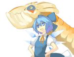  :d blue_hair bow cirno hair_bow hands_on_hips monster_hunter nekomegane open_mouth ribbon short_hair simple_background smile solo touhou wings yian_kut-ku 