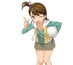  a1 ball brown_eyes brown_hair futami_ami hood hoodie idolmaster idolmaster_(classic) idolmaster_2 leaning_forward one_eye_closed short_hair side_ponytail soccer_ball solo white_soccer_ball 