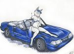  blue_hair breasts canine car coyote decolor_domina ear_piercing earring eyes_closed female fingering hair masturbation muscle_car mustang nude panting piercing solo vehicle white_background 