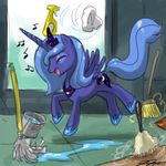  blue_hair broom bucket cleaning crown cutie_mark dancing equine feather_duster female feral friendship_is_magic hair happy horn horns horse john_joseco magic mammal mob mop musical_note musical_notes my_little_pony pony princess_luna_(mlp) rag solo spray_bottle water window winged_unicorn wings 