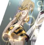  ass bikini blonde_hair changing_room charlotte_dunois highres infinite_stratos looking_back ponytail swimsuit upskirt 