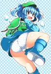  :d ass backpack bag blue_eyes blue_hair boots hair_bobbles hair_ornament hat kawashiro_nitori looking_back open_mouth panties pantyshot polka_dot polka_dot_panties rubber_boots short_hair smile solo sugiura touhou trefoil two_side_up underwear 