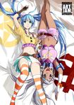  :d aqua_eyes arm_up bakugan bakugan_battle_brawlers belt blue_hair dark_skin english fingerless_gloves flat_chest gloves grey_hair hair_ornament hairclip hairpin headphones headphones_around_neck holding_hands julie_heyward kriss_sison loose_belt lying md5_mismatch midriff misaki_runo multiple_girls navel on_back open_mouth panties parted_lips purple_eyes shorts skirt smile striped striped_legwear thighhighs twintails underwear upside-down 