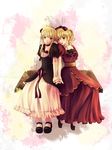  1girl bad_id bad_pixiv_id beatrice beatrice_(cosplay) blonde_hair cosplay crossdressing dress flower frills highres hinaro holding_hands ponytail siblings umineko_no_naku_koro_ni ushiromiya_jessica ushiromiya_lion 