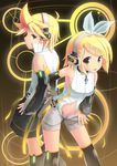  1girl :p absurdres aqua_eyes arm_warmers bare_shoulders black_legwear blonde_hair blush brother_and_sister detached_sleeves groin hair_ornament hair_ribbon hairclip headphones highres kagamine_len kagamine_len_(append) kagamine_rin kagamine_rin_(append) kuroneko_shiro leg_warmers looking_back navel no_panties popped_collar ribbon short_hair shorts siblings smile thighhighs tongue tongue_out twins undressing vocaloid vocaloid_append 