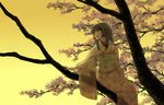  cherry_blossoms gradient gradient_background hime_cut irie_io japanese_clothes kimono long_hair original see-through sitting solo tree 