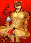  balls bandage bulge crouching eye_patch eyewear feline inmomakuro male mammal nipples solo tail thong tiger toraz underwear 