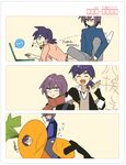  2boys annoyed carrot happy male male_focus multiple_boys pokemon pokemon_(anime) purple_hair reiji_(pokemon) scarf shinji_(pokemon) smile 