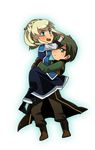  1girl :o bad_id bad_pixiv_id blonde_hair blue_eyes blush boots brown_hair carrying chibi coat couple dress fuku_h_hiroko gensou_suikoden gensou_suikoden_iii gloves green_eyes hetero luc_(suikoden) pants sarah_(suikoden) short_hair 