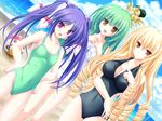  77 beach black_swimsuit blonde_hair breasts brown_eyes casual_one-piece_swimsuit cleavage cloud collarbone covered_navel day drill_hair eyebrows eyebrows_visible_through_hair game_cg green_hair green_swimsuit hair_between_eyes hair_ornament hands_on_hips highres koshimizu_rin long_hair looking_at_viewer medium_breasts mikagami_mamizu multiple_girls narukami_aoi ocean one-piece_swimsuit open_mouth outdoors pink_eyes purple_hair school_swimsuit sky small_breasts smile stella_(77) swimsuit tenmaso twintails very_long_hair white_school_swimsuit white_swimsuit yellow_eyes 