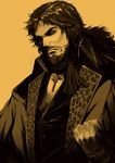  animal_print beard castlevania:_harmony_of_despair clenched_hand cross facial_hair highres jewelry julius_belmondo leopard_print male_focus monochrome necklace onija_tarou solo whip 