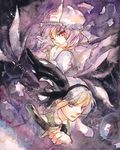  bad_id bad_pixiv_id blush campanula-star ghost hairband hat japanese_clothes katana konpaku_youmu konpaku_youmu_(ghost) multiple_girls pink_eyes pink_hair red_eyes saigyouji_yuyuko short_hair sword touhou traditional_media watercolor_(medium) weapon white_hair 