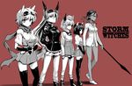  5girls animal_ears dark_skin goggles goggles_on_head group_picture group_profile hairlocs hanna-justina_marseille hat head_wings iinuma_toshinori inagaki_mami japanese_clothes katou_keiko lineup matilda_(world_witches_series) military military_uniform monochrome multiple_girls panties polearm profile raisa_pottgen red_background simple_background spear thighhighs underwear uniform weapon world_witches_series 