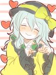  closed_eyes green_hair hat heart heart_hands komeiji_koishi ribbon smile solo touhou zawameki 