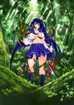  blue_hair breasts forest kneehighs large_breasts long_hair nature navel official_art open_clothes red_eyes school_uniform serafuku skirt solo sumita_kazuasa sword takeru_(witchblade_takeru) tentacles tree very_long_hair weapon witchblade witchblade_takeru 