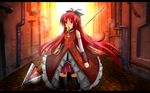  alley bad_id bad_pixiv_id food letterboxed long_hair mahou_shoujo_madoka_magica mouth_hold polearm red_eyes red_hair sakura_kyouko shinekalta skirt solo spear taiyaki thighhighs wagashi weapon 