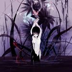  arms_up bad_id bad_pixiv_id black_hair bug butterfly full_moon houjuu_nue ichitaro insect moon nude open_clothes red_eyes reflection solo touhou water wings 