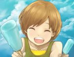  :d bad_id bad_pixiv_id brown_hair closed_eyes food giving ice_cream open_mouth persona persona_4 popsicle satonaka_chie short_hair smile solo torimamire 