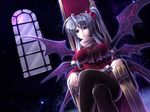  black_legwear blue_eyes breasts crossed_legs impossible_clothes koto_tsubane large_breasts long_hair multiple_wings pantyhose purple_wings shinki side_ponytail silver_hair sitting solo throne touhou wings 