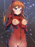  bangs black_background blue_eyes blush bodysuit bracer breastless_clothes breasts breasts_outside cameltoe closed_mouth commentary_request cowboy_shot embarrassed gloves glowing gradient gradient_background grey_background hands_on_own_chest headgear long_hair looking_at_viewer medium_breasts munashi_mujou neon_genesis_evangelion nipples number orange_hair outline parted_bangs pilot_suit plugsuit puffy_nipples red_bodysuit see-through skin_tight solo souryuu_asuka_langley standing straight_hair turtleneck 