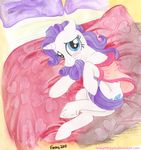  blanket blue_eyes blush cute cutie_mark equine female feral foxxy friendship_is_magic gown hair horn horns horse mammal my_little_pony off_shoulder pillow pony purple_hair rarity_(mlp) seductive shoulder solo tail traditional_media twilightflopple unicorn 