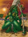  beach breasts crouching dreadlocks female gecko iguana lizard looking_at_viewer nude pinup polearm pussy reptile sand scalie seaside shaman solo staff sunset tokaga tribal tummy 