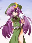  arms_behind_back beret braid china_dress chinese_clothes cosplay crescent crescent_hair_ornament dress hair_ornament hat hong_meiling hong_meiling_(cosplay) long_hair patchouli_knowledge purple_eyes purple_hair shirogane_(platinum) solo touhou twin_braids very_long_hair 
