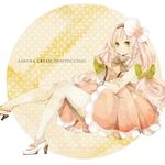  bare_shoulders bow braid cherry_blossoms crossed_arms dress green_eyes hair_bow hair_ornament hairband high_heels ichinose_(sorario) long_hair original pink_hair polka_dot polka_dot_legwear shoes sitting sleeveless smile solo thighhighs white_legwear wrist_cuffs 